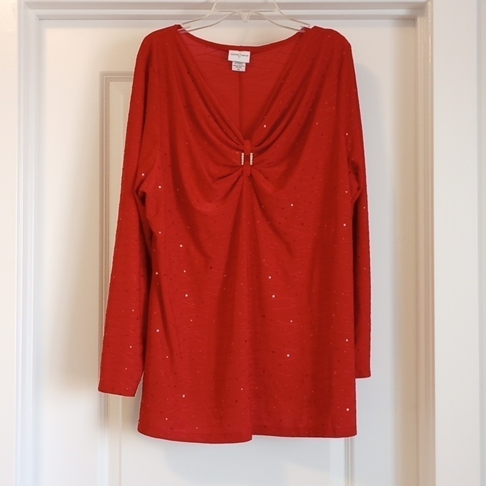 Jaclyn Smith Womens Blouse Sz 1X Red Sparkly Holiday Christmas Long Sleeve Gem